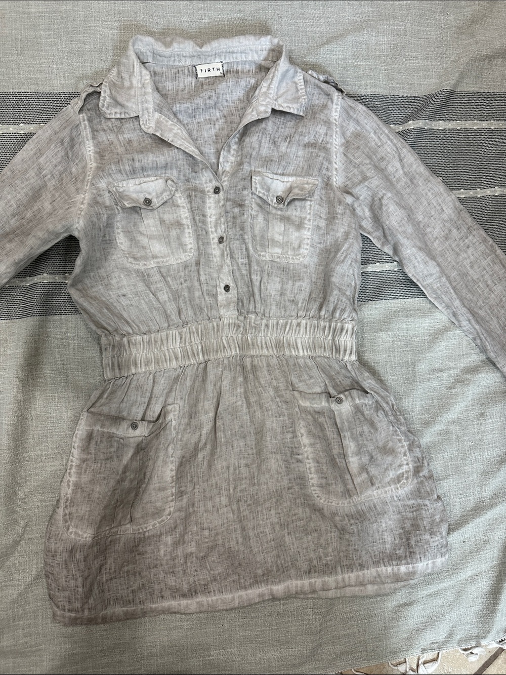 Light Gray Long-Sleeve Linen Shirt Dress with Elastic Waist